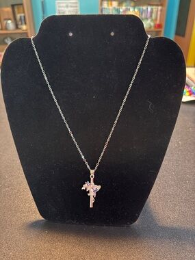Silver Tone Decorated Cross Pendant Necklace - Women's Jewelry